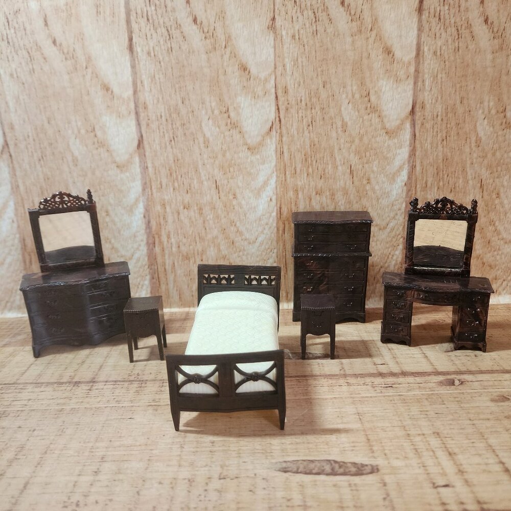 Vintage Renwal Bedroom Dresser, Vanity & Bench Plastic Dollhouse Miniature Brown